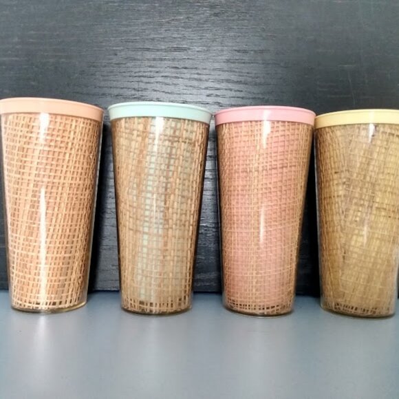 Set Of 4 Vintage Raffiawear Rattan Burlap Thermo-temp Tumblers SEE DESCRIPTION - Picture 6 of 9